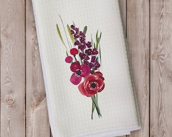 Watercolor Wildflowers Kitchen Towel with Red and Purple Flowers - Wild Flower Garden Bouquet Microfiber Towel