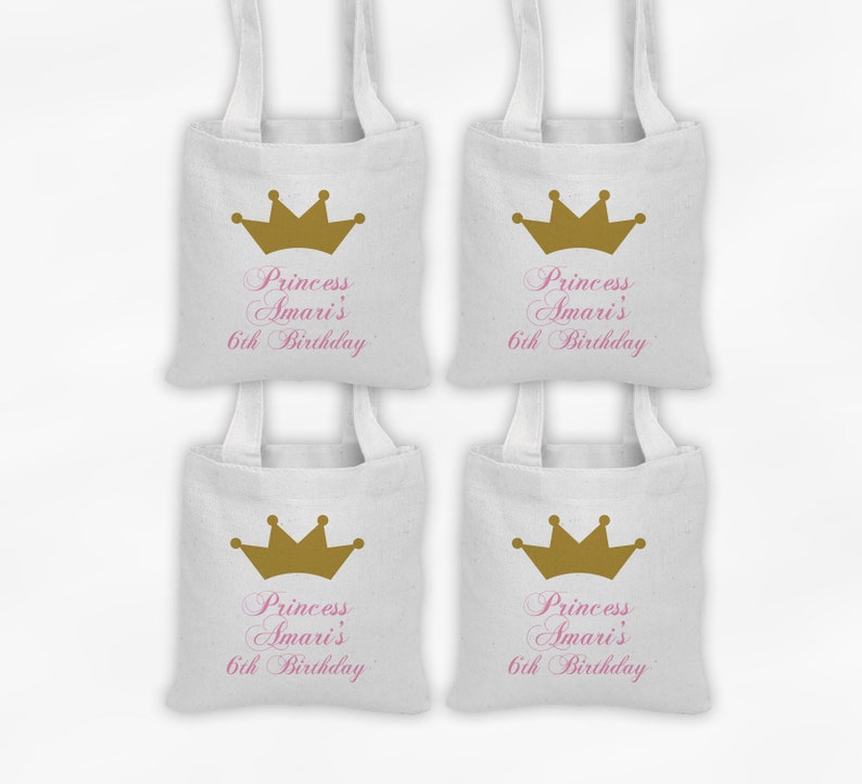 Set of 4 Custom Gift Bags Princess Birthday Mini Tote Personalized Party Favor Bags Reusable Tote Bags with Gold Crown