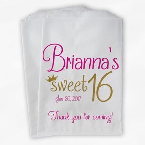 Sweet 16 Birthday Personalized Candy Buffet Bags - Hot Pink and Gold Thank You Custom Favor Bags with Crown - 25 Paper Treat Bags