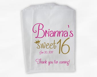 Sweet 16 Birthday Personalized Candy Buffet Bags - Hot Pink and Gold Thank You Custom Favor Bags with Crown - 25 Paper Treat Bags
