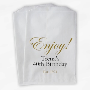 Enjoy Birthday Candy Buffet Treat Bags - Black and Gold Personalized Favor Bags for 40th Birthday - Set of 25 Custom Paper Bags