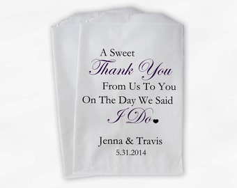 Sweet Thank You Wedding Candy Buffet Treat Bags - Dark Purple Personalized Favor Bags with Couple's Names, Date - Custom Paper Bags