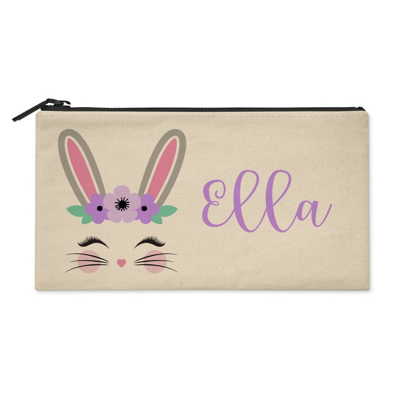 Use as Pencil Bag Rabbit With Flowers Personalized Zipper Pouch in Purple Bunny Zip Case Clutch Makeup Pouch
