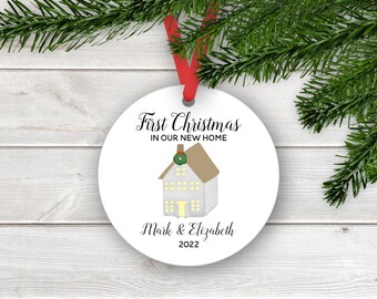 First Christmas In Our New Home Ornament - Personalized Keepsake Ornament Watercolor House with Wreath - Housewarming Gift with Name, Date