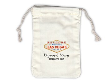 Las Vegas Wedding Personalized Cotton Bags - Ivory Fabric Drawstring Bags - Set of 12 (1048)
