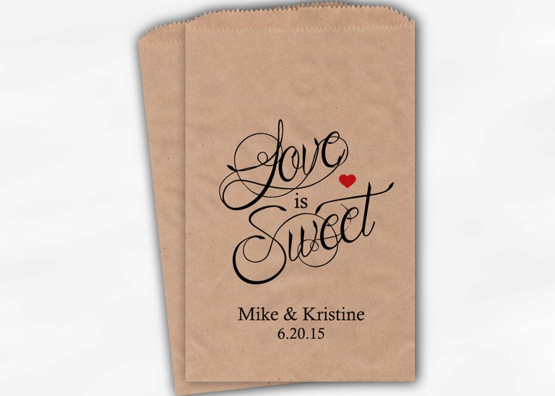 Custom Kraft Paper Bags Love Is Sweet Calligraphy Wedding Candy Buffet Treat Bags Personalized Favor Bags in Black and Red 0122