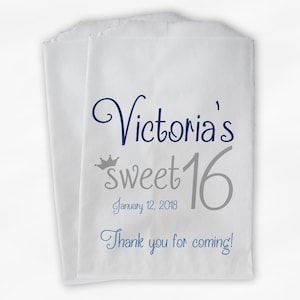 Sweet 16 Birthday Personalized Candy Buffet Bags - Blue and Gray Thank You Custom Favor Bags with Crown - 25 Paper Treat Bags