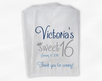 Sweet 16 Birthday Personalized Candy Buffet Bags - Blue and Gray Thank You Custom Favor Bags with Crown - 25 Paper Treat Bags