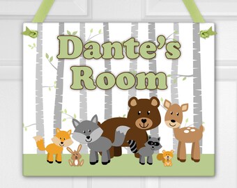 Forest Animal Nursery Door Sign - Personalized Woodland Nursery Door Hanger with Child's Name, Deer, Bear, Fox - Kids Bedroom Name Sign