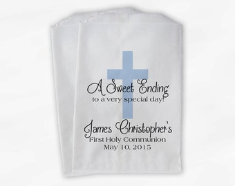 First Communion Favor Bags - Baptism or Religious Party Custom Favor Bags with Cross - Set of 25 Baby Blue Paper Treat Bags