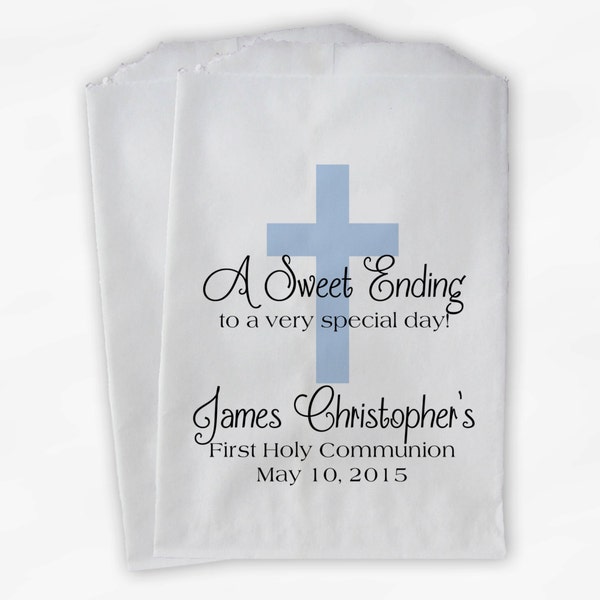 First Communion Favor Bags - Baptism or Religious Party Custom Favor Bags with Cross - Set of 25 Baby Blue Paper Treat Bags