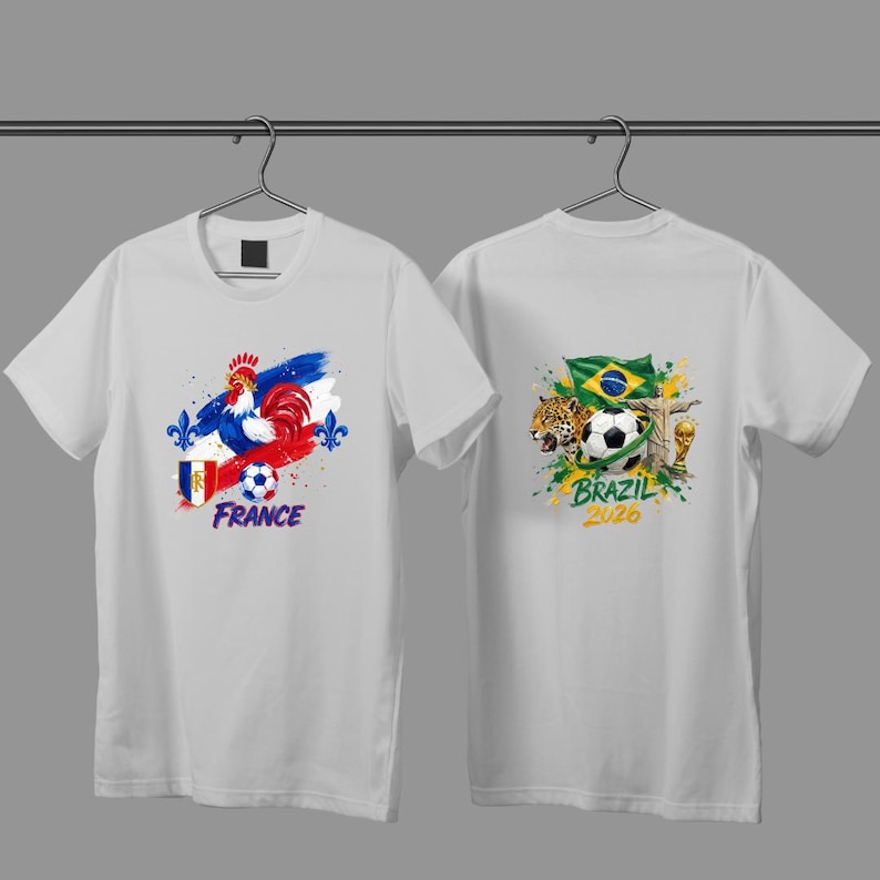 May include: White t-shirts with soccer-themed graphics. One shirt features a rooster, French flag, soccer ball, and the word "France." The other shirt displays a soccer ball, Brazilian flag, jaguar, and the text "Brazil 2020."