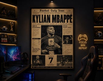 Vintage Football Legends Zeitungsposter Set |  Crisma Mbappé Neymar Vinícius Jr Wandkunst | Retro Fußball Print Bundle