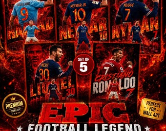 Football Legends Poster 5er Set | Epische Fußballlegenden | Red Fire Thema Fußball Poster | Sport Raum Dekor | Digitaler Download