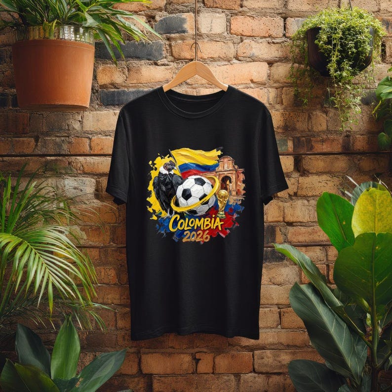 May include: Black t-shirt featuring a colorful graphic design. The design includes a soccer ball, the Colombian flag, a trophy, and the text "Colombia 2026". The shirt is hanging on a wooden hanger against a brick wall.