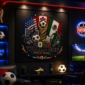 May include: A square wall art piece featuring the 2026 World Cup logo with the flags of the USA, Canada, and Mexico, a golden trophy, soccer balls, and players. The text reads 2026 WORLD CUP UNITED BY FOOTBALL USA CANADA MEXICO.