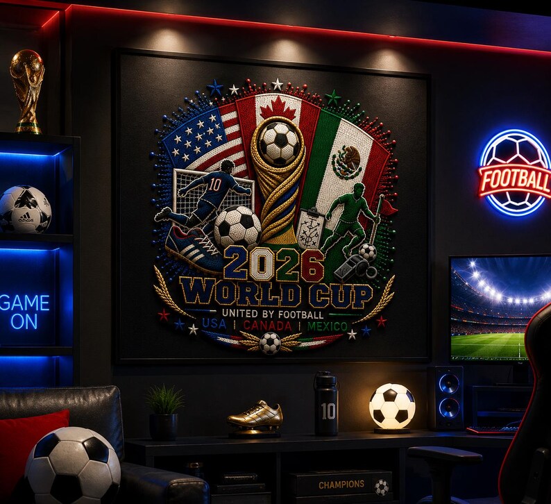May include: A square wall art piece featuring the 2026 World Cup logo with the flags of the USA, Canada, and Mexico, a golden trophy, soccer balls, and players. The text reads 2026 WORLD CUP UNITED BY FOOTBALL USA CANADA MEXICO.