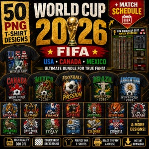 May include: A promotional image for 50 World Cup 2026 T-shirt designs. The image features various black t-shirts with country-specific graphics and text, including USA, Canada, and Mexico. A FIFA World Cup trophy is also displayed.