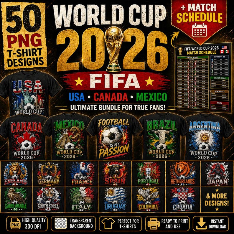 May include: A promotional image for 50 World Cup 2026 T-shirt designs. The image features various black t-shirts with country-specific graphics and text, including USA, Canada, and Mexico. A FIFA World Cup trophy is also displayed.