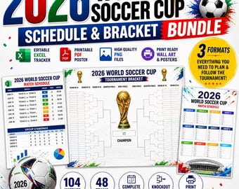 2026 Fußball-WM Spielplan Klammer | Bearbeitbare Excel-, druckbare PDF-, PNG-Dateien