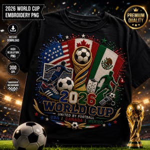 May include: A black t-shirt featuring a 2026 World Cup graphic with the flags of the USA, Canada, and Mexico, a soccer trophy, two soccer players, soccer balls, and the text 2026 WORLD CUP UNITED BY FOOTBALL USA CANADA MEXICO.