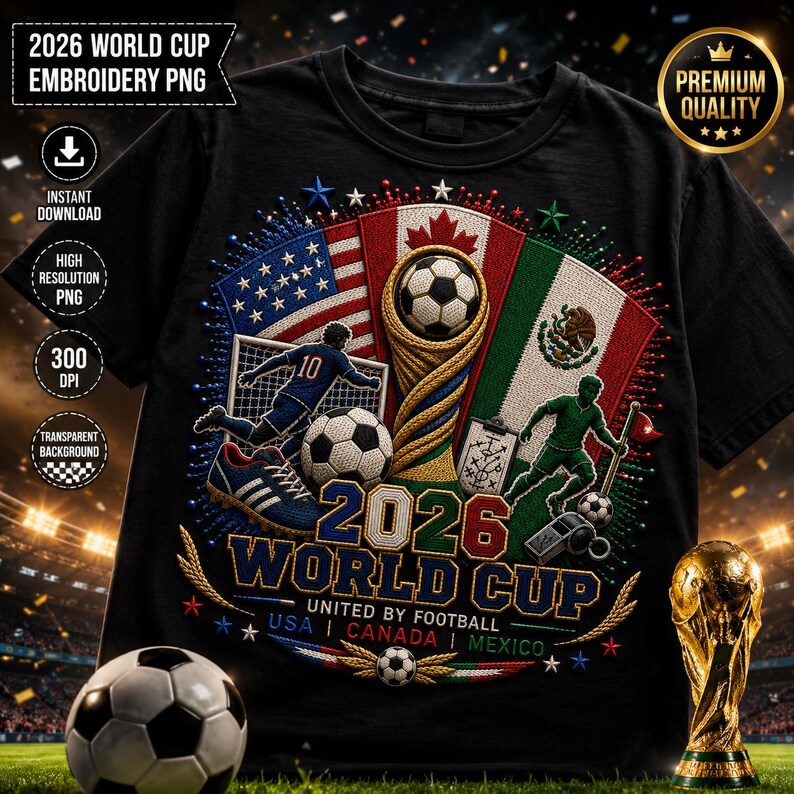 May include: A black t-shirt featuring a 2026 World Cup graphic with the flags of the USA, Canada, and Mexico, a soccer trophy, two soccer players, soccer balls, and the text 2026 WORLD CUP UNITED BY FOOTBALL USA CANADA MEXICO.