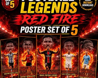 Football Legends Red Fire Poster 5er Set | Messi Ronaldo Neymar Mbappe Haaland Wandkunst | Fußball Poster | Digitaler Download