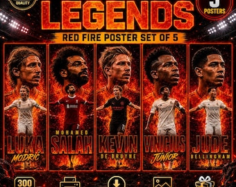 Football Superstars Red Fire Poster 5er Set | Luka Modric, Salah, De Bruyne, Vinicius Jr, Jude Bellingham | Moderner Fußball