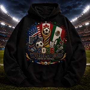 May include: A black hooded sweatshirt featuring a graphic print of the 2026 World Cup. The design includes the flags of the USA, Canada, and Mexico, a golden trophy, soccer balls, players, a whistle, and the text 2026 WORLD CUP UNITED BY FOOTBALL.