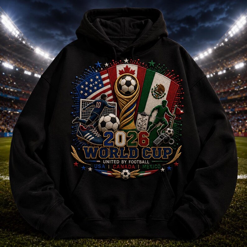 May include: A black hooded sweatshirt featuring a graphic print of the 2026 World Cup. The design includes the flags of the USA, Canada, and Mexico, a golden trophy, soccer balls, players, a whistle, and the text 2026 WORLD CUP UNITED BY FOOTBALL.