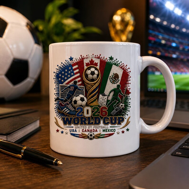 May include: A white ceramic mug featuring a 2026 World Cup graphic. The design includes the flags of the USA, Canada, and Mexico, a golden trophy, soccer balls, and players. Text reads 2026 WORLD CUP UNITED BY FOOTBALL USA | CANADA | MEXICO.