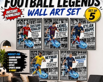 Comic Style Football Legends Poster Set | Messi, Ronaldo, Neymar, Mbappe, Haaland Wandkunst Digitaler Download