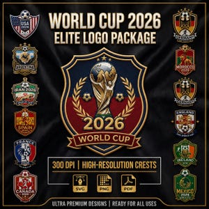 May include: A black background features a collection of soccer crests for the 2026 World Cup. The central crest displays the World Cup trophy. Additional crests represent participating countries, including the USA, Germany, and Mexico. Text includes "World Cup 2026" and "Elite Logo Package."