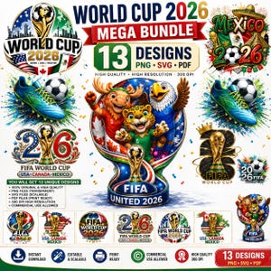 Op de afbeelding: Een digitaal grafisch pakket voor het WK 2026 met 13 ontwerpen in PNG-, SVG- en PDF-formaten. De collectie bevat illustraties van de FIFA-trofee, voetbalschoenen en mascottes die de VS, Canada en Mexico vertegenwoordigen.