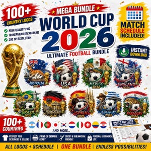 Puede incluir: Un paquete gráfico digital para la Copa del Mundo de 2026, con logotipos de más de 100 países. Incluye un calendario de partidos, archivos PNG de alta calidad, fondos transparentes y una resolución de 300 DPI.