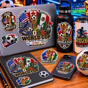 May include: A collection of 2026 World Cup United by Football USA Canada Mexico themed stickers and merchandise including a laptop, a black water bottle, a white tumbler, a spiral notebook, a smartphone, and a soccer ball with graphic designs.
