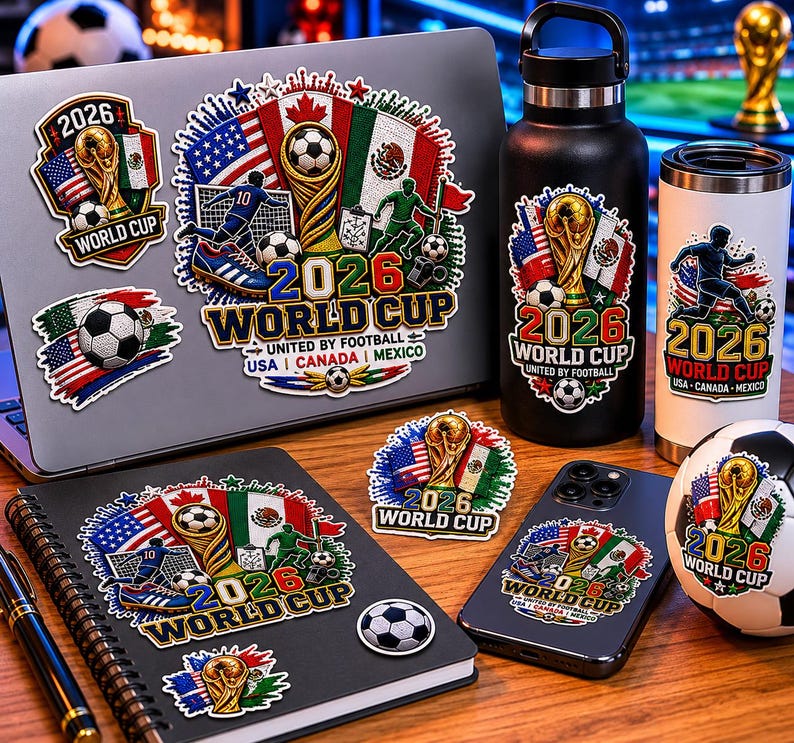 May include: A collection of 2026 World Cup United by Football USA Canada Mexico themed stickers and merchandise including a laptop, a black water bottle, a white tumbler, a spiral notebook, a smartphone, and a soccer ball with graphic designs.