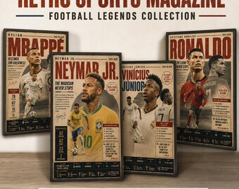 Retro Football Legends Magazin Poster | Mbappé, Neymar, Ronalo (Digital Download)