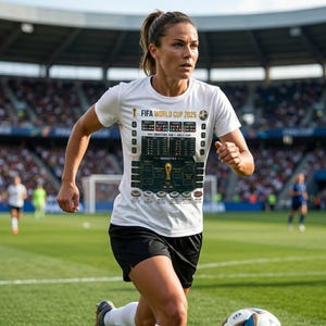 May include: A woman in a white t-shirt with "FIFA WORLD CUP 2026" text and a tournament bracket graphic, running on a green football pitch. She wears black shorts and a headband. A football is in the foreground.