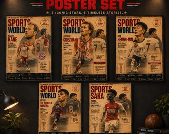Football Legends Poster Set | Retro Sport Magazin Stil Wand Kunst (Digitaler Download)