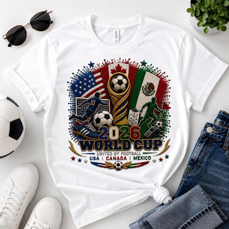 May include: A white t-shirt featuring a 2026 World Cup graphic. The design includes the flags of the USA, Canada, and Mexico, a golden trophy, soccer balls, players, and the text 2026 WORLD CUP UNITED BY FOOTBALL USA | CANADA | MEXICO.