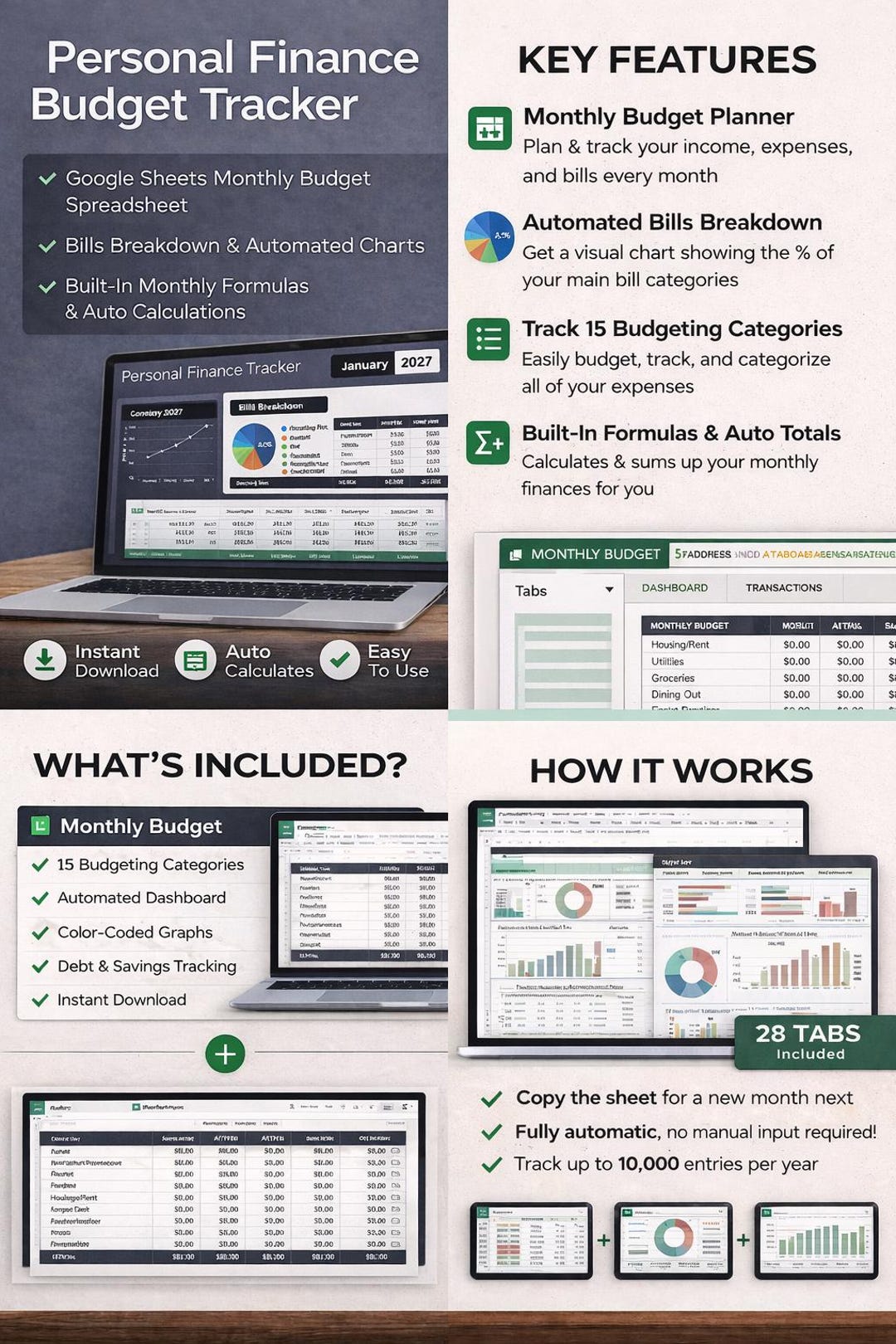 Personal Finance Budget Tracker Google Sheets Monthly Budget, Bills ...
