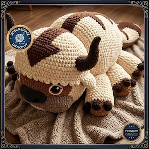 Op de afbeelding: Een groot, gehaakt knuffelbeest in de vorm van een bizon, gemaakt van crème- en bruin garen. Het speelgoed heeft grote, donkerbruine hoorns en gedetailleerde gezichtskenmerken. De afbeelding bevat de tekst "PDF PATTERN", "INTERMEDIATE DIFFICULTY" en "PREMIUM COLLECTION".
