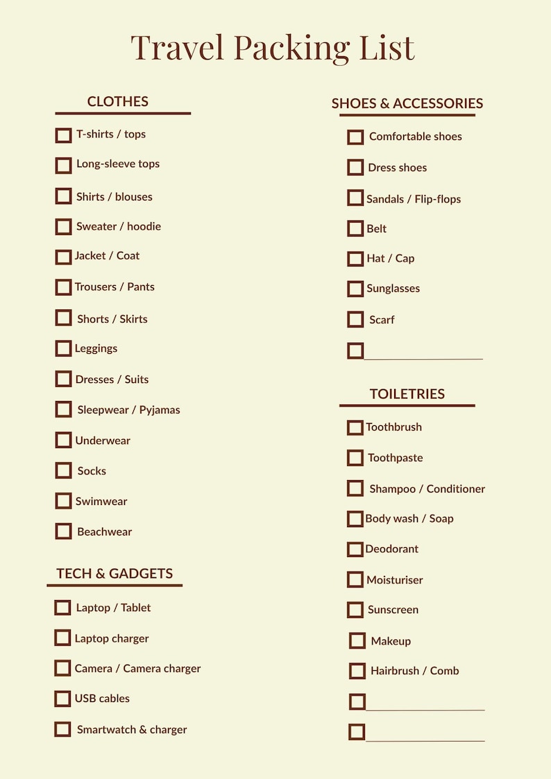 Travel Packing List Printable | Editable PDF Checklist | A4 & A5 ...