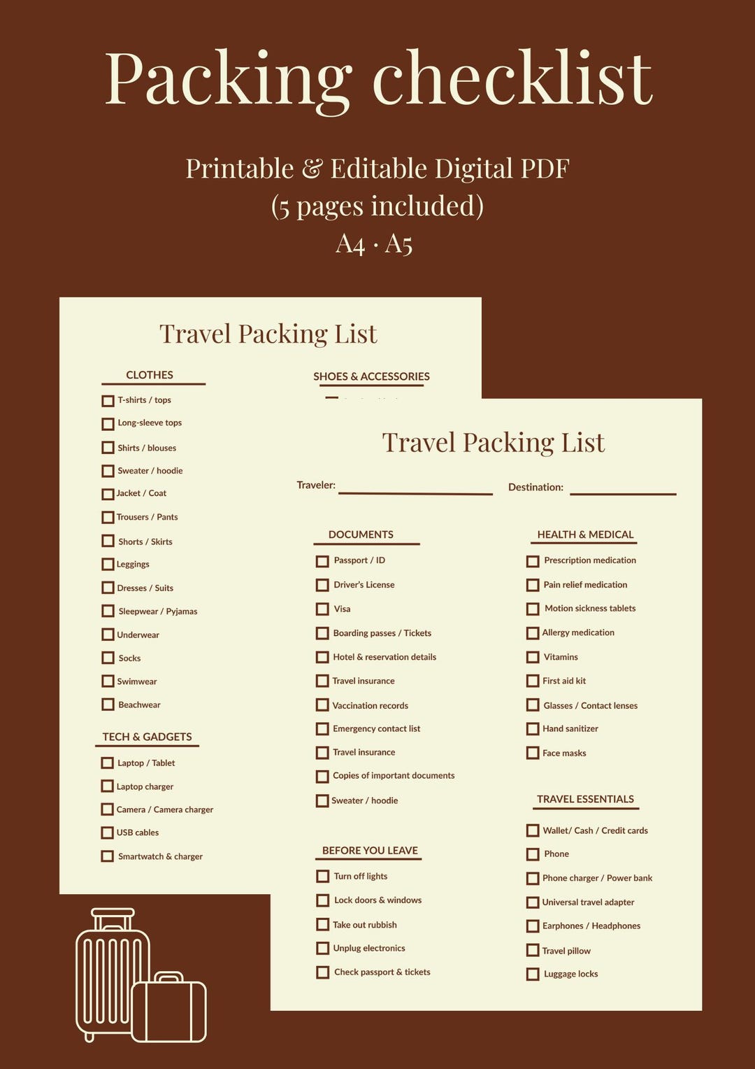 Travel Packing List Printable | Editable PDF Checklist | A4 & A5 ...