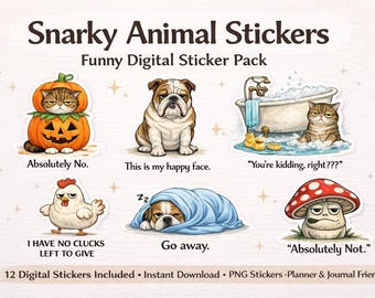 Snarky Animal Stickers | Funny Digital Planner PNGs (Instant Download)
