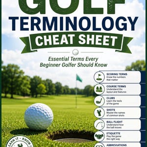 May include: A golf terminology cheat sheet poster titled ThinkAndDoodle Golf Terminology Cheat Sheet. It features a golf ball near a hole on a green, with a list of categories including Scoring Terms, Course Terms, Clubs, Shots, Ball Flight, Etiquette, Abbreviations, and Lesson Terms.