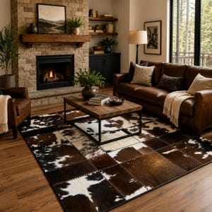 Patchwork Cowhide Rug, Genuine Hair On Hide Leather Area Carpet, Rustic Farmhouse Style