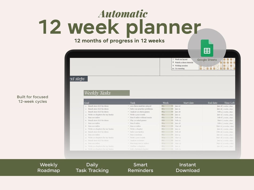 12 Week Year Goal Planner Google Sheets • Quarterly Productivity & Goal ...