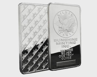 Lingote de plata Sunshine Minting de 1 onza – Plata fina .999, sellado – Onza troy